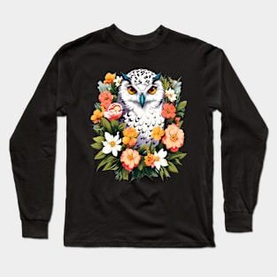 Cute Snowy Owl Surrounded by Bold Vibrant Spring Flowers Long Sleeve T-Shirt